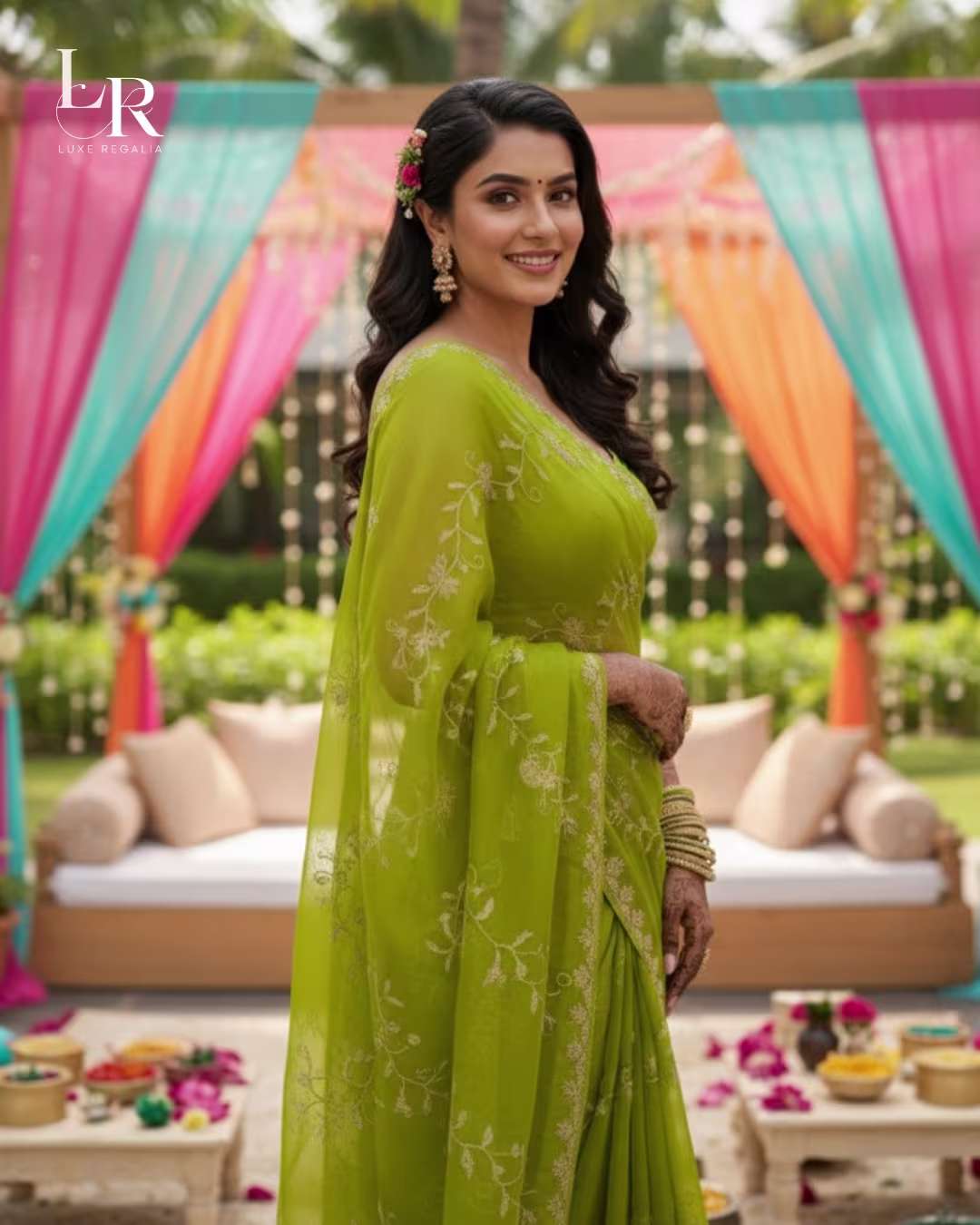 Lime Green Floral Embroidered Georgette Saree 007