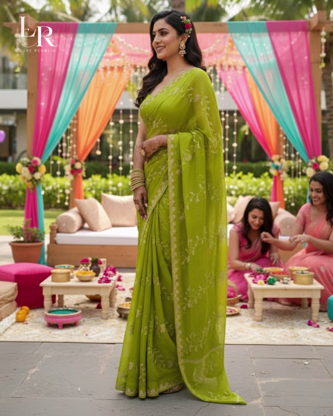 Lime Green Floral Embroidered Georgette Saree 008