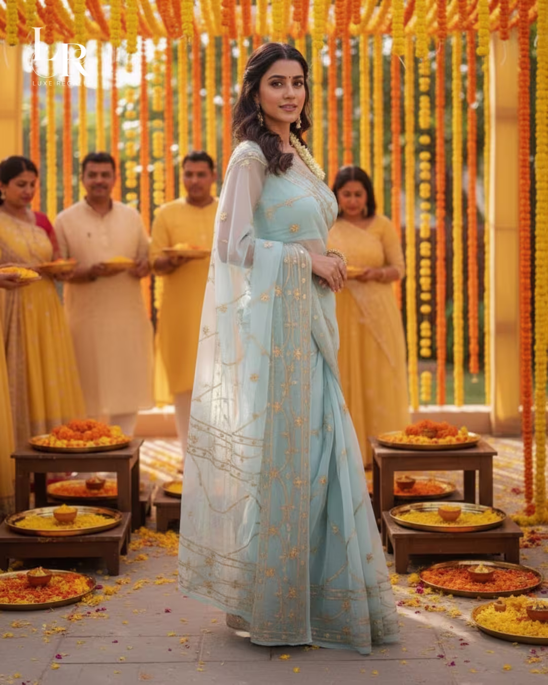 Powder Blue & Gold Thread Embroidered Georgette Saree 002