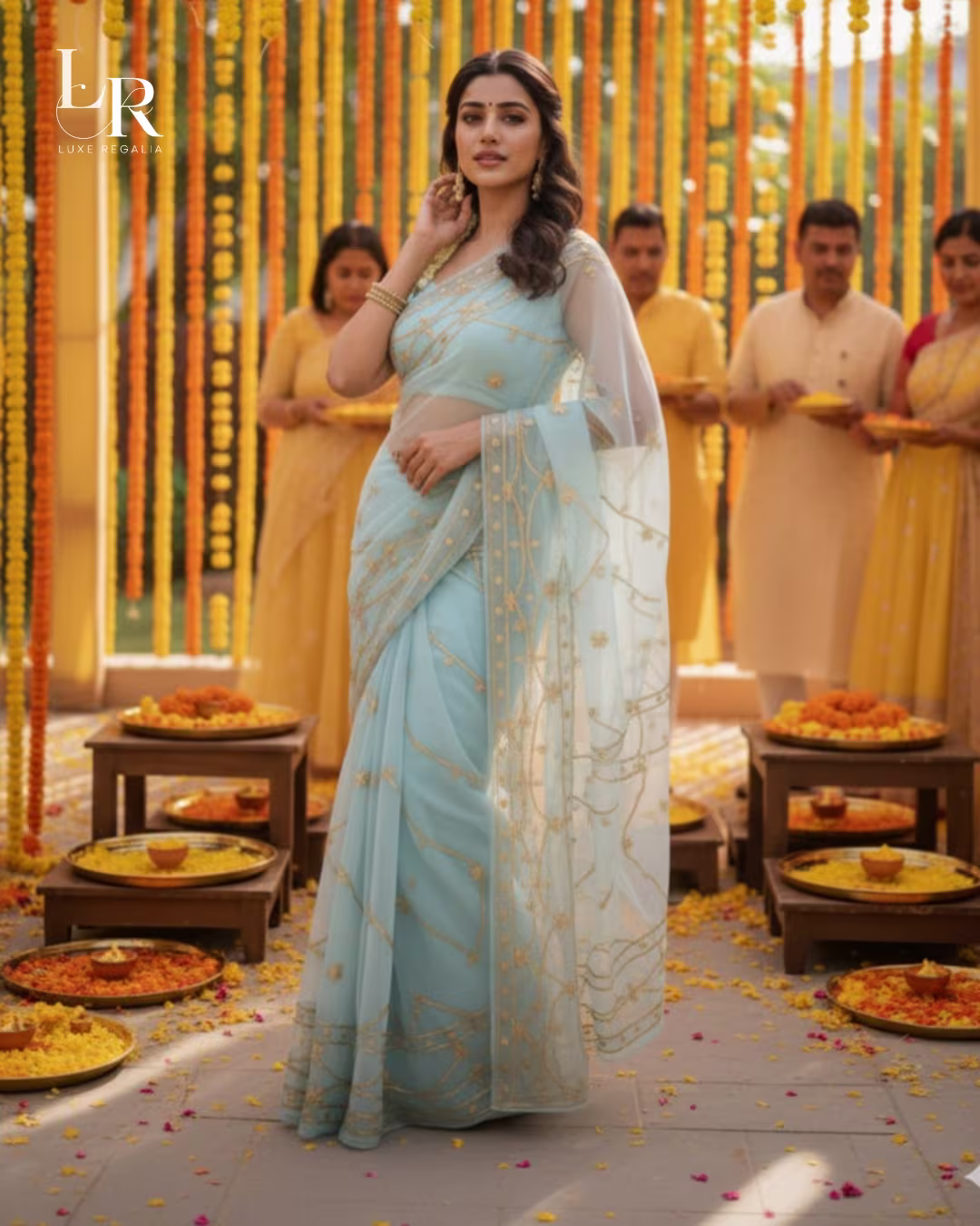 Powder Blue & Gold Thread Embroidered Georgette Saree 003