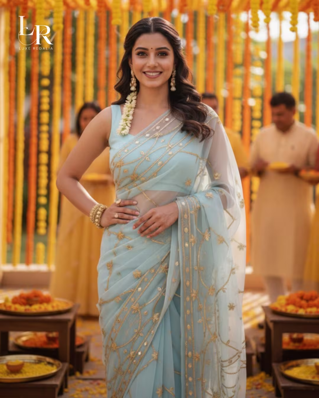 Powder Blue & Gold Thread Embroidered Georgette Saree 004