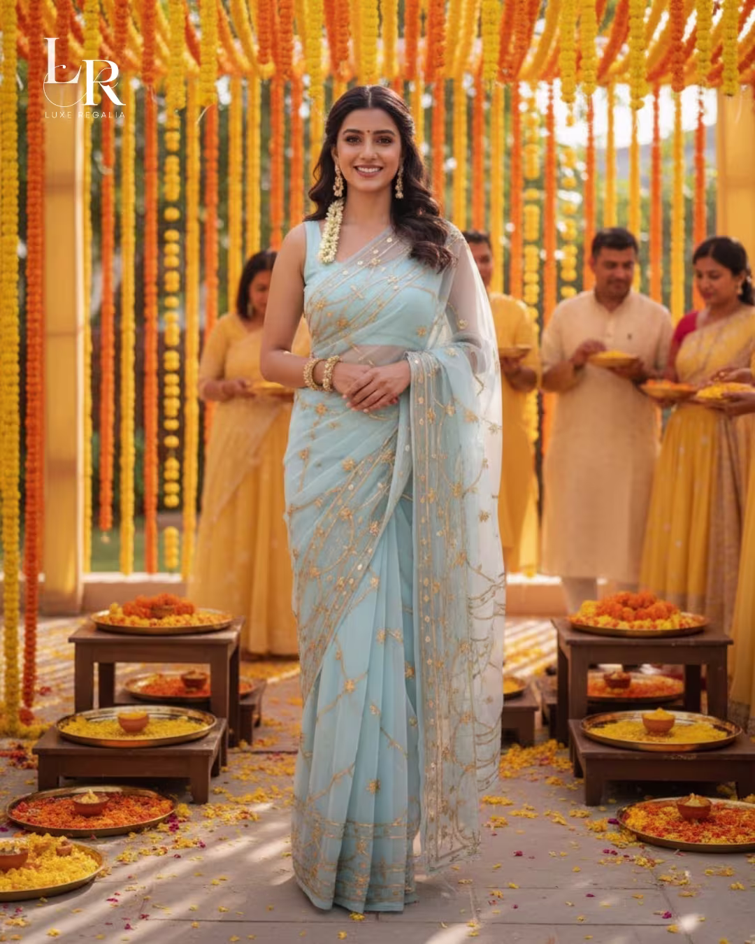 Powder Blue & Gold Thread Embroidered Georgette Saree 006