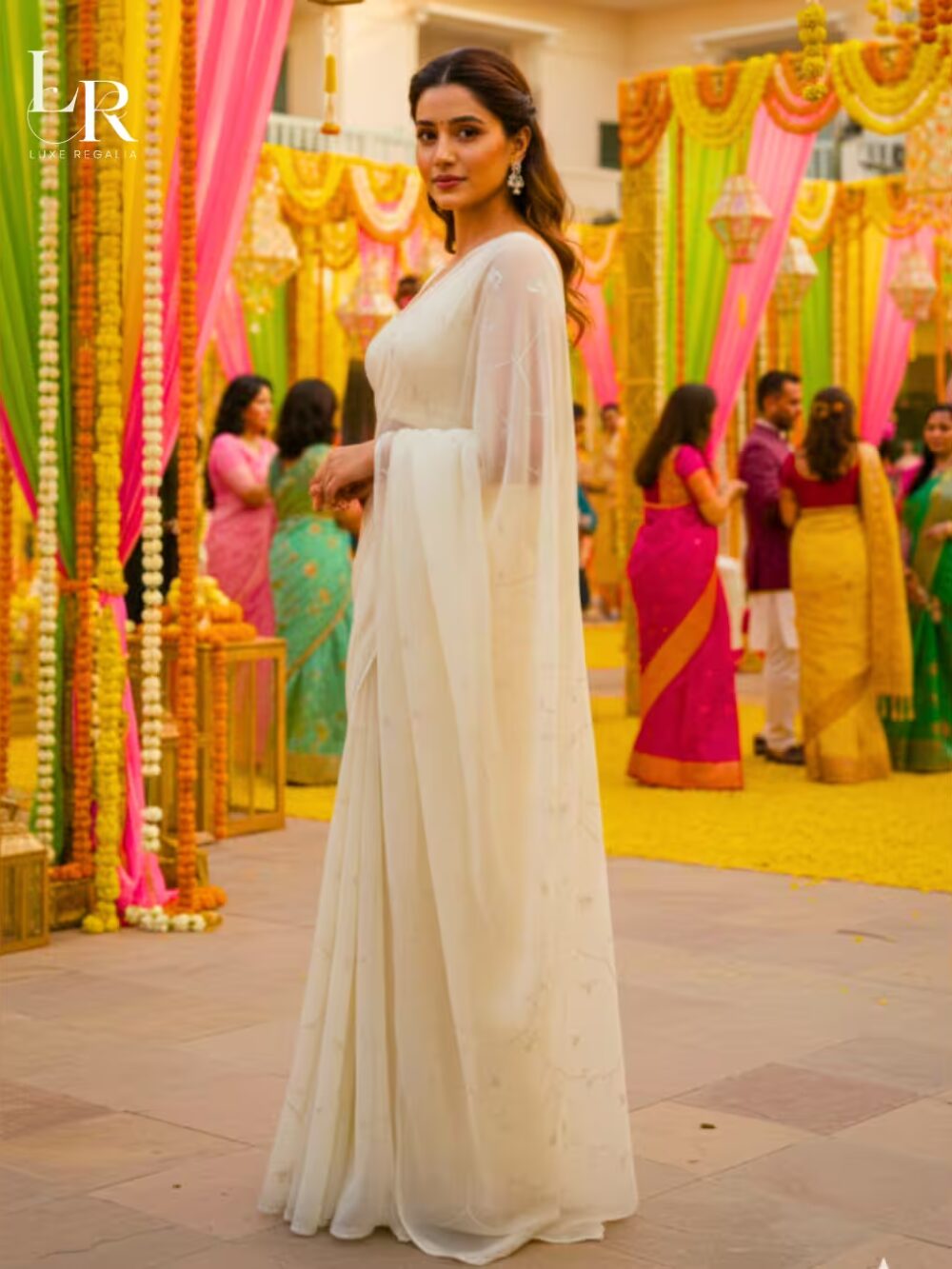 Ivory Silver Sequin Embroidered Chiffon Saree