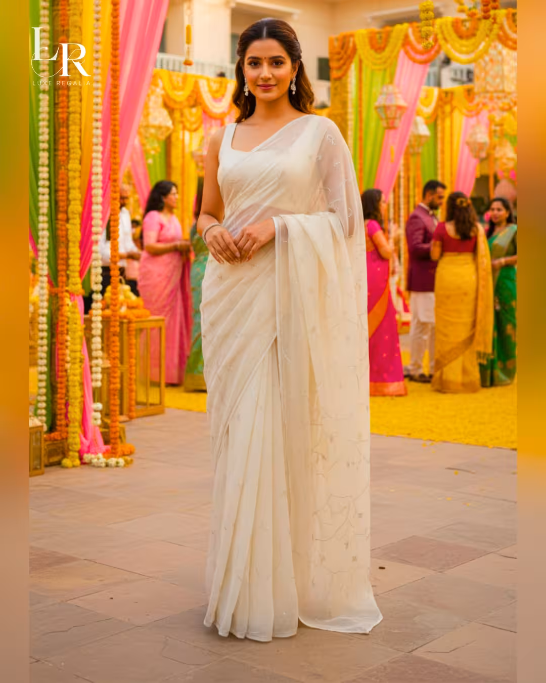 Ivory Silver Sequin Embroidered Chiffon Saree 002