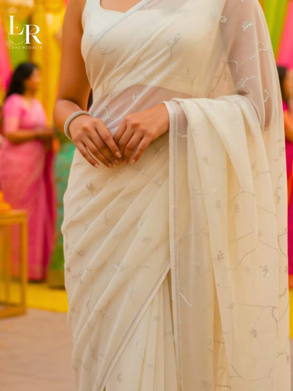 Ivory Silver Sequin Embroidered Chiffon Saree 003